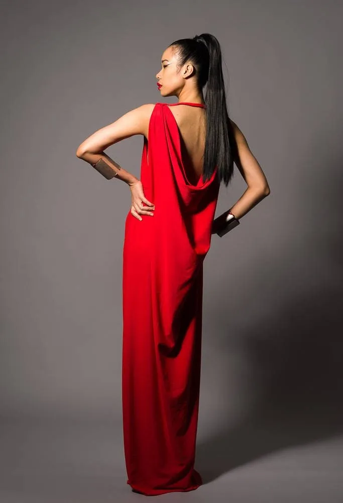 Long Red Grecian Backless Dress