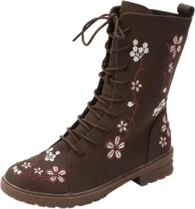 Mid Calf Boots for Women Retro Printed Embroidered Women's Heel Monochrome Fashion Short Boots Non Rain 8 Wide