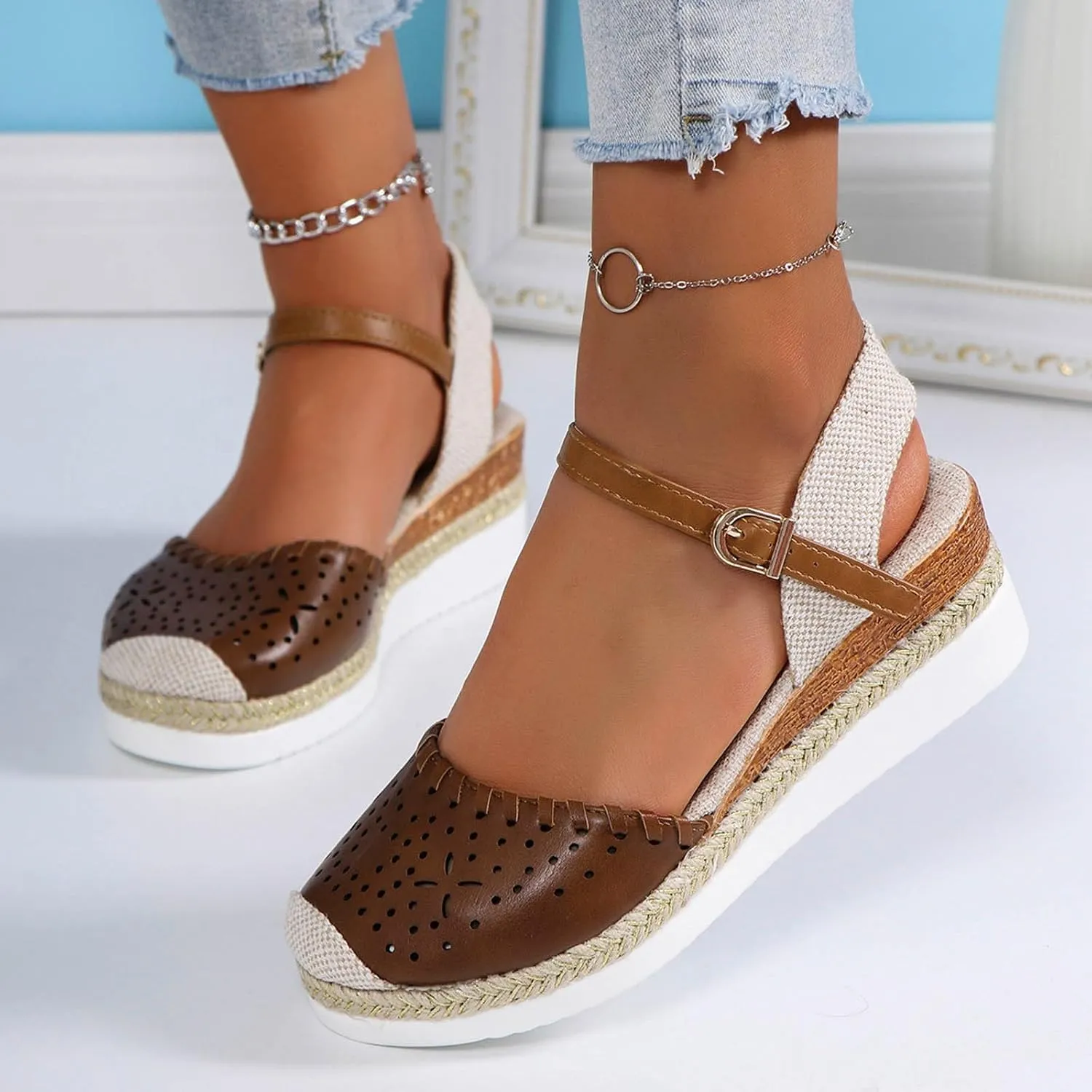 Orthopedic Wedge Sandals for Women Comfortable Closed Toe Slides Platform Sandals Hollow Out Espadrilles Adjustable Buckle Ankle Strap