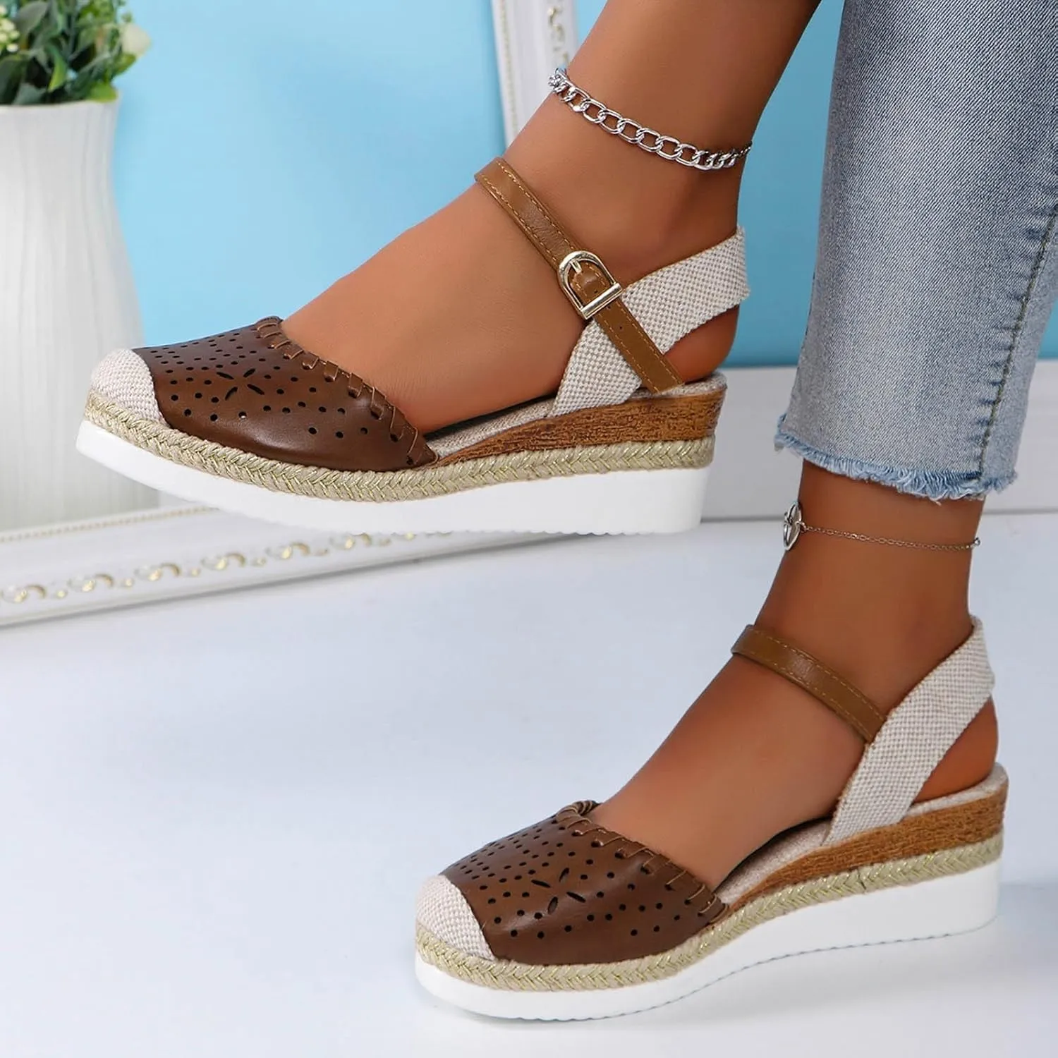 Orthopedic Wedge Sandals for Women Comfortable Closed Toe Slides Platform Sandals Hollow Out Espadrilles Adjustable Buckle Ankle Strap