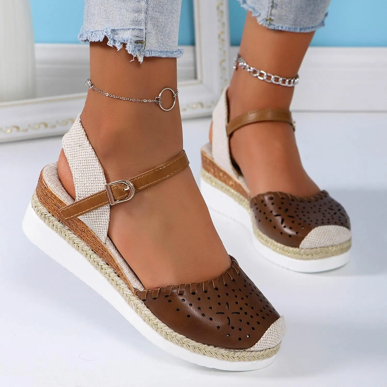 Orthopedic Wedge Sandals for Women Comfortable Closed Toe Slides Platform Sandals Hollow Out Espadrilles Adjustable Buckle Ankle Strap