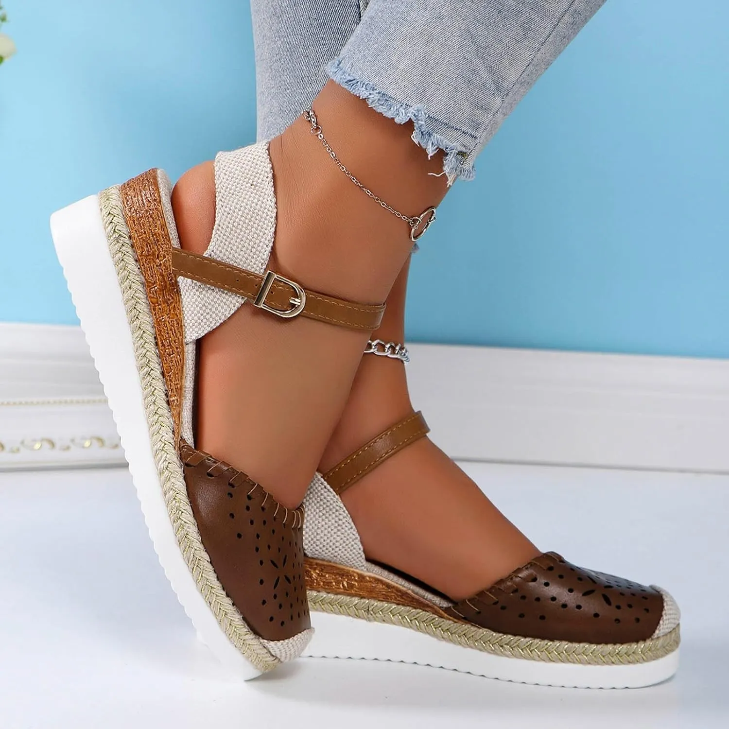 Orthopedic Wedge Sandals for Women Comfortable Closed Toe Slides Platform Sandals Hollow Out Espadrilles Adjustable Buckle Ankle Strap