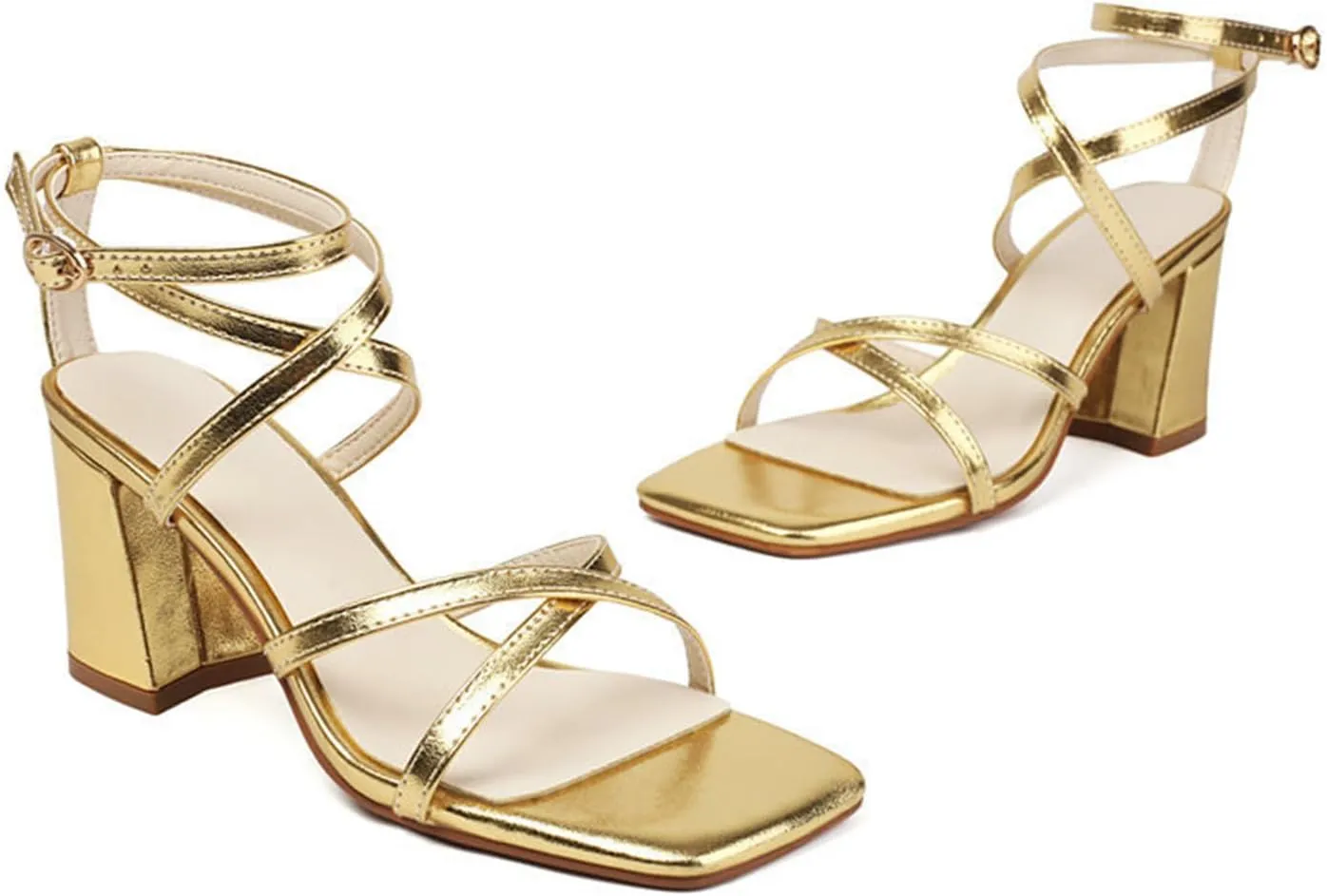 Sandals Square Open Toe Chunky High Heels Trip Strap Solid Color Thick High Heel Big Size Sandals