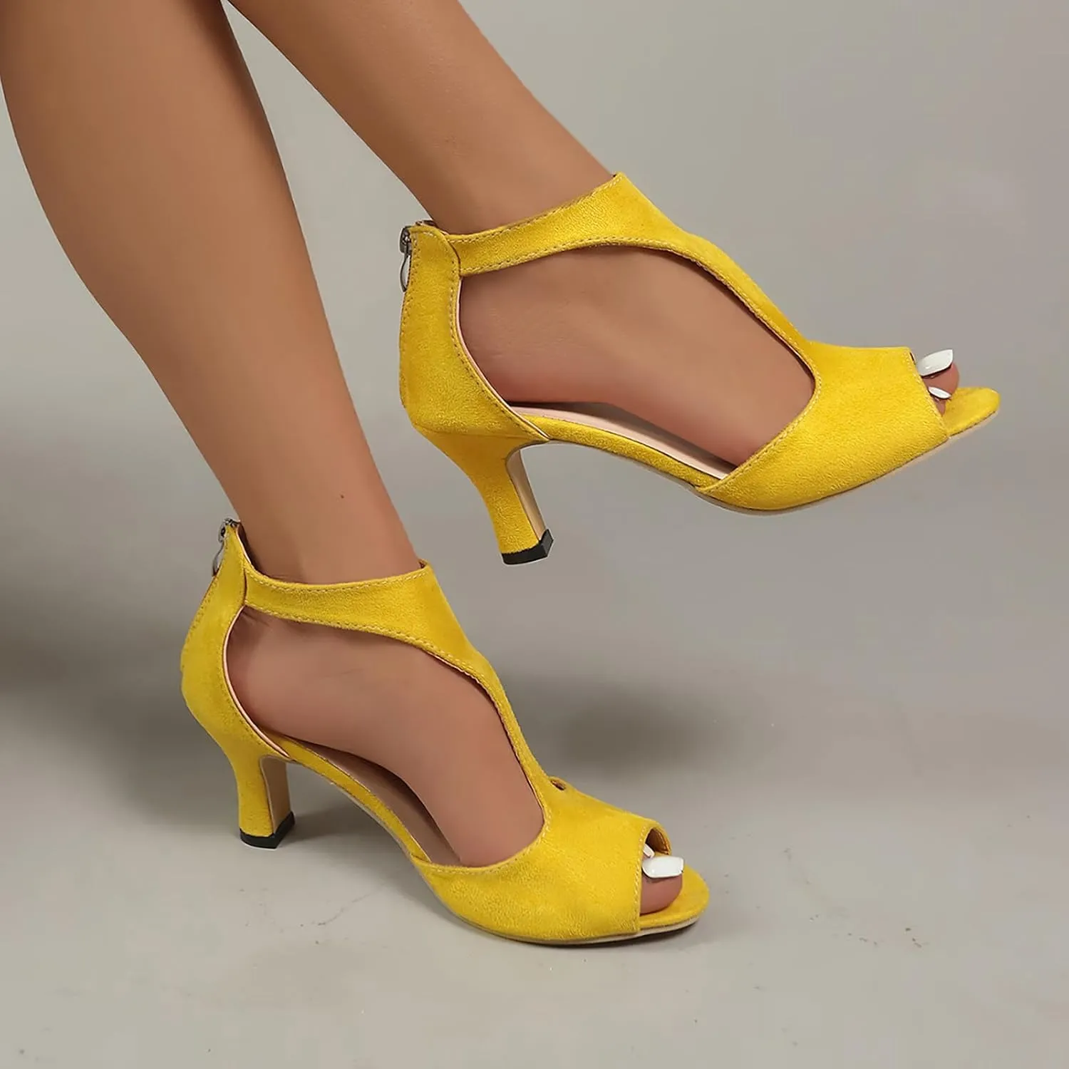 Sandals Women Orthopedic High Heels Dress Shoes Summer Open Toe Zip Closure Sandals Suede Leather Fish Mouth Sandals