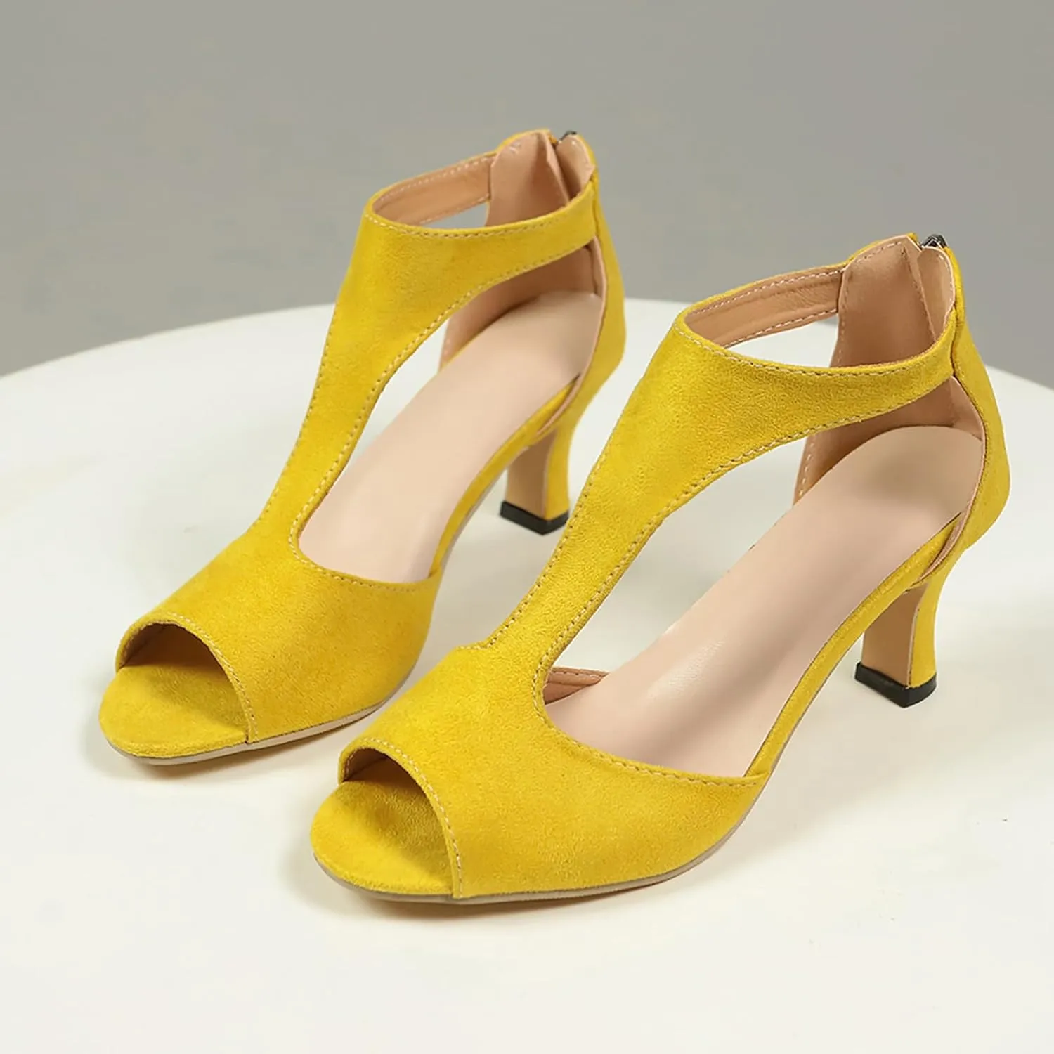Sandals Women Orthopedic High Heels Dress Shoes Summer Open Toe Zip Closure Sandals Suede Leather Fish Mouth Sandals