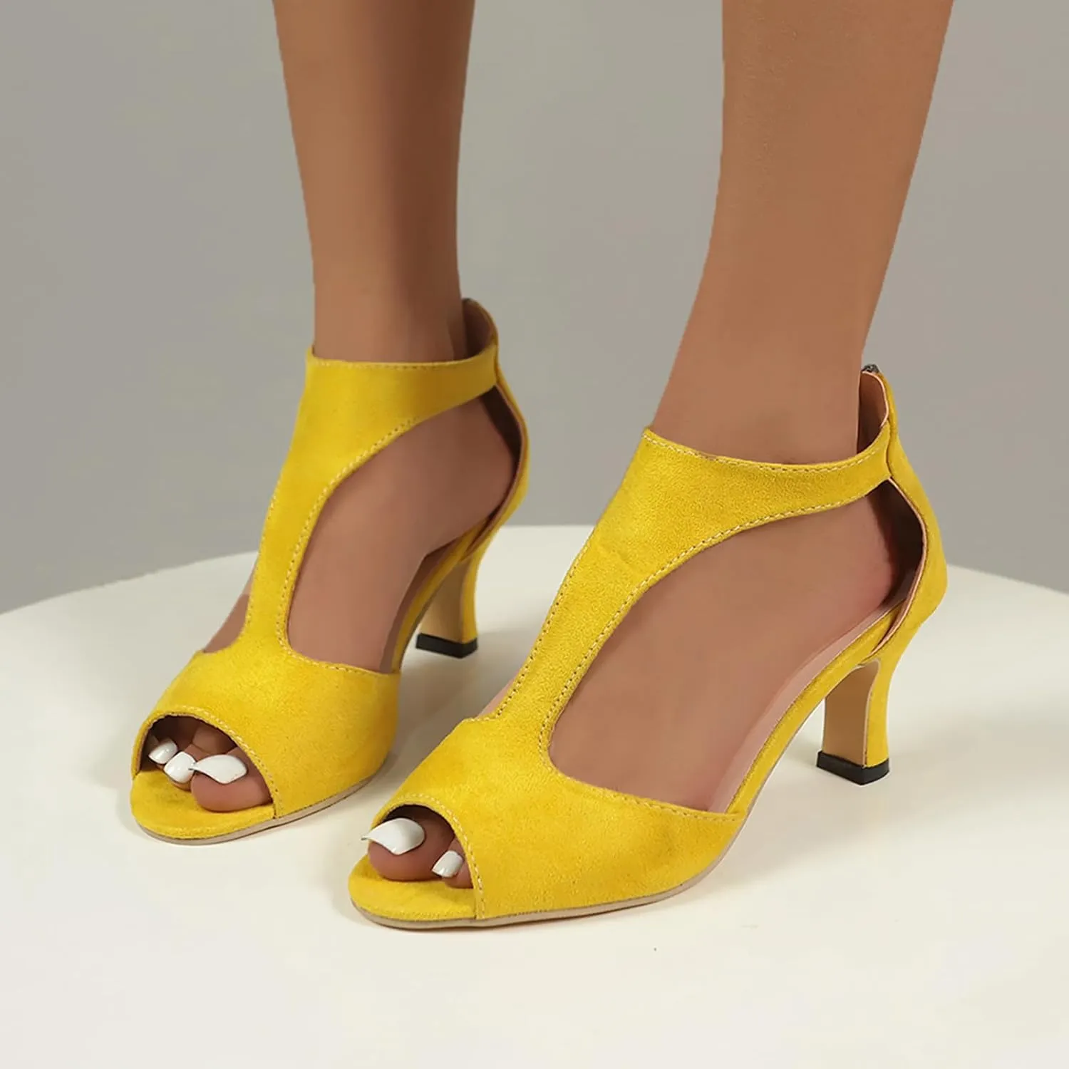 Sandals Women Orthopedic High Heels Dress Shoes Summer Open Toe Zip Closure Sandals Suede Leather Fish Mouth Sandals