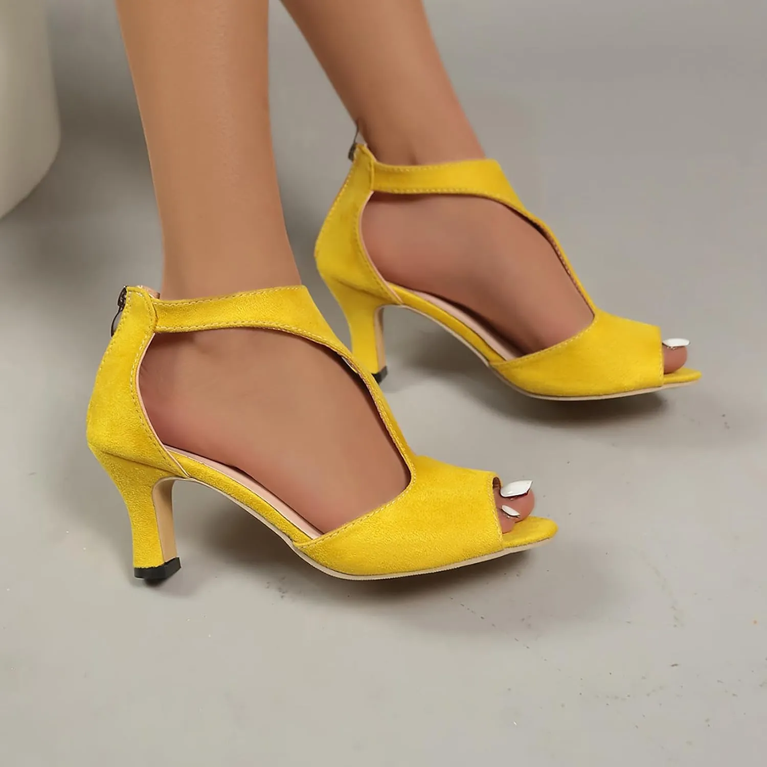 Sandals Women Orthopedic High Heels Dress Shoes Summer Open Toe Zip Closure Sandals Suede Leather Fish Mouth Sandals