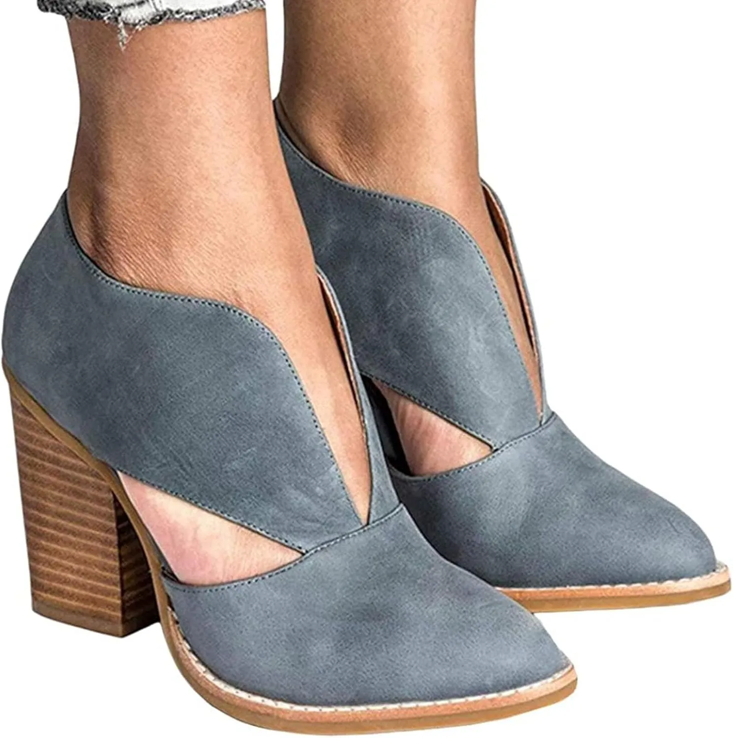 Temperament Shoes for Women Stacked Heel Cut Out Pointed Toe Sandals Faux Leather Shoes Elegant Ultra Go Sandals Women