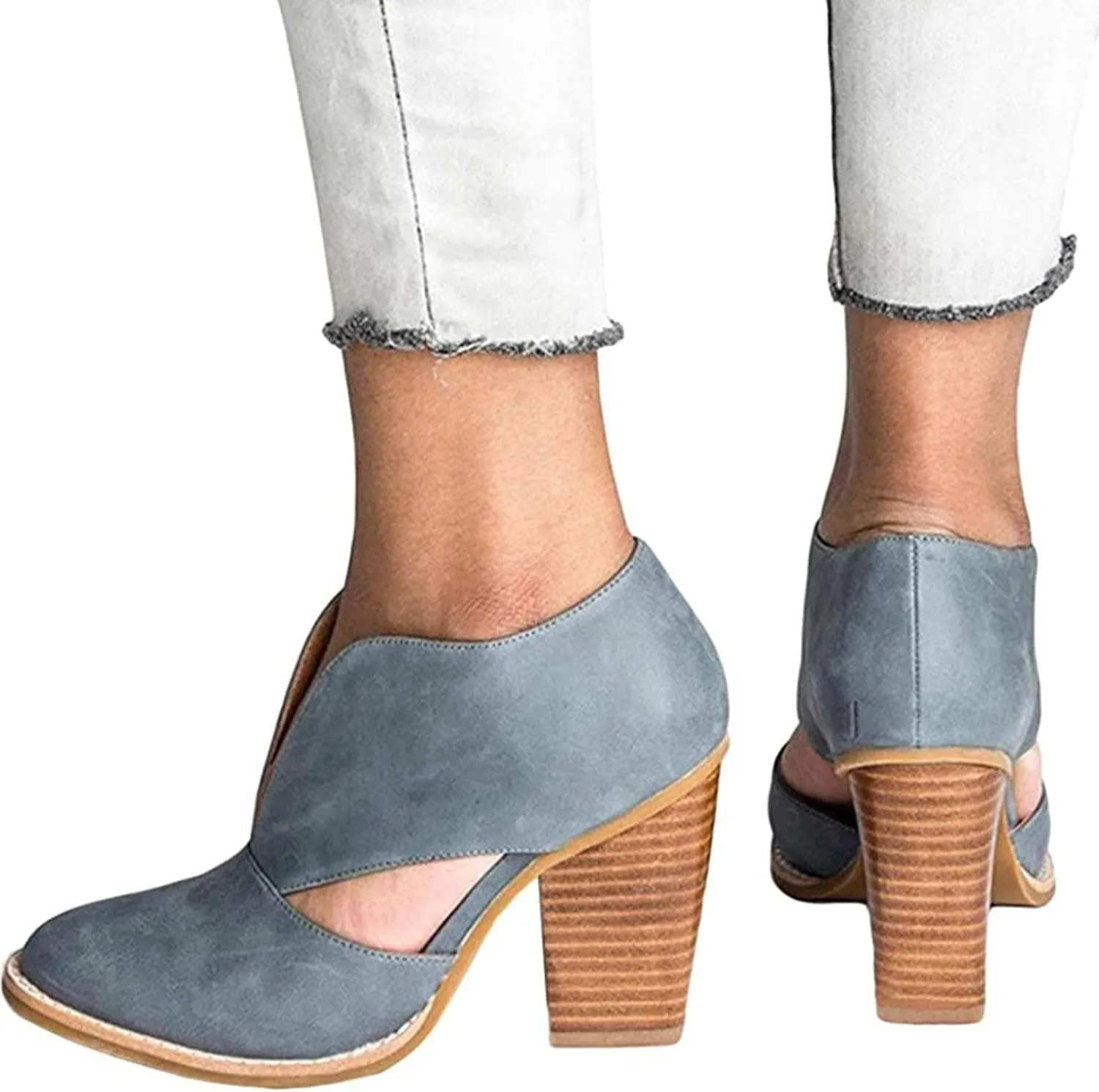 Temperament Shoes for Women Stacked Heel Cut Out Pointed Toe Sandals Faux Leather Shoes Elegant Ultra Go Sandals Women