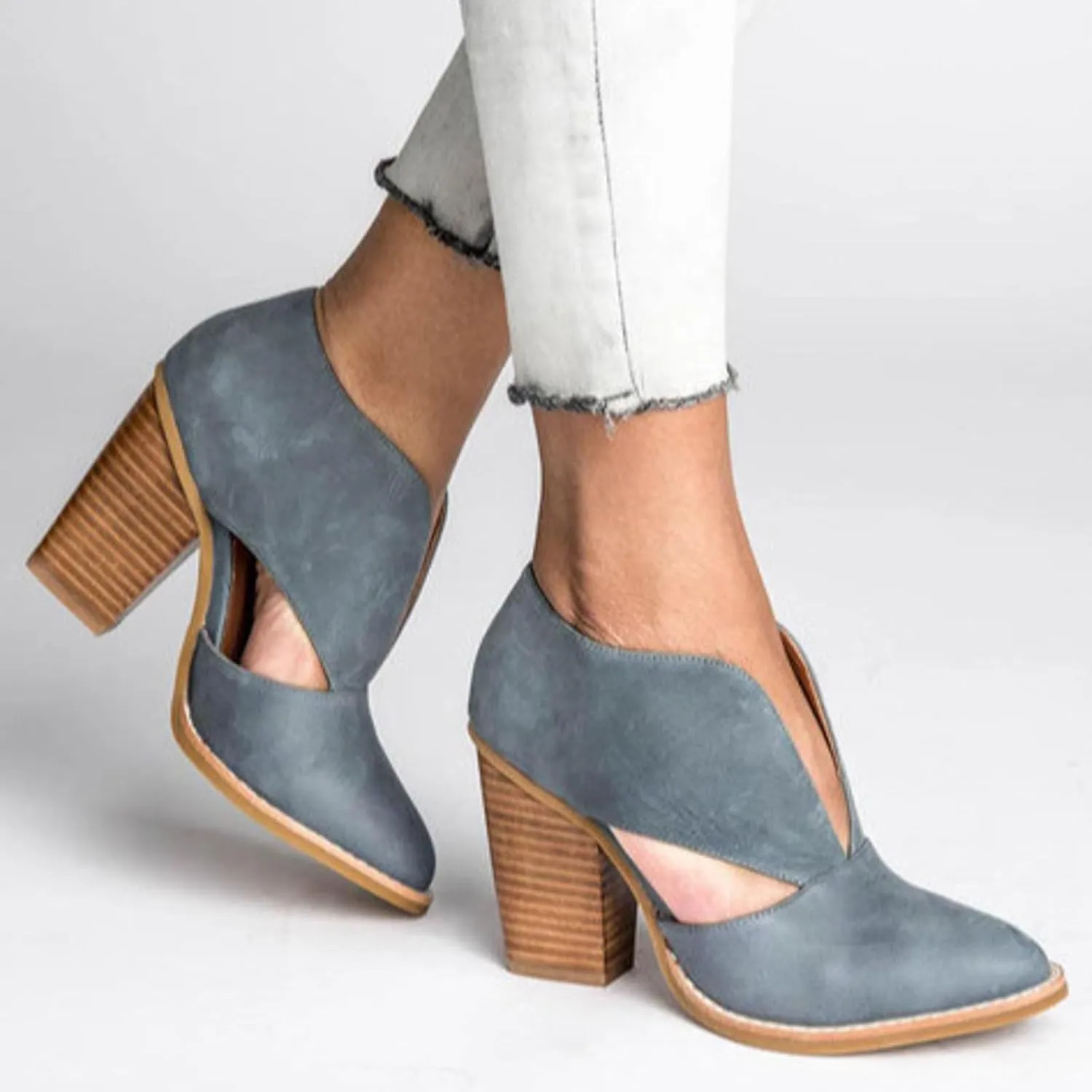 Temperament Shoes for Women Stacked Heel Cut Out Pointed Toe Sandals Faux Leather Shoes Elegant Ultra Go Sandals Women