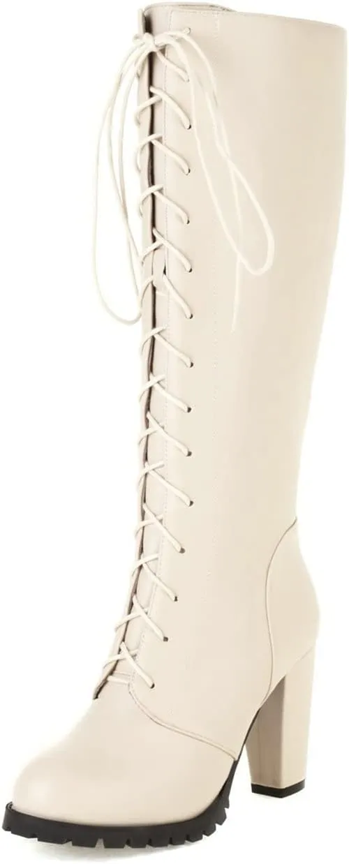 UniqueStride Womens Lace Up High Heel Knee High Boots Chunky Platform Heels Side Zipper Boot