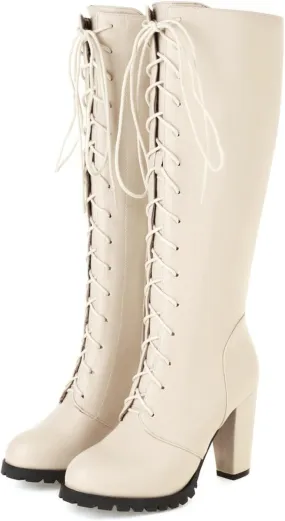 UniqueStride Womens Lace Up High Heel Knee High Boots Chunky Platform Heels Side Zipper Boot