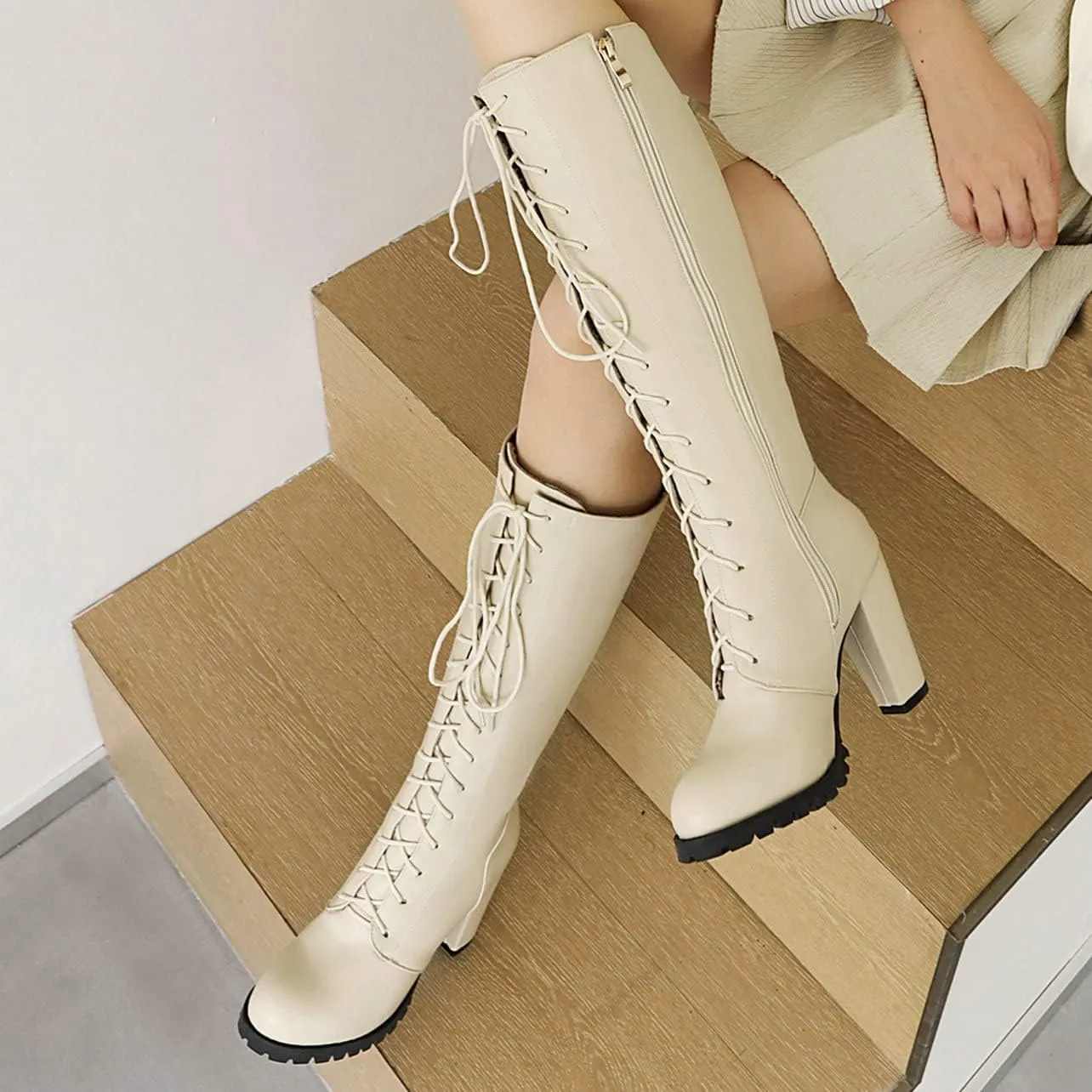 UniqueStride Womens Lace Up High Heel Knee High Boots Chunky Platform Heels Side Zipper Boot