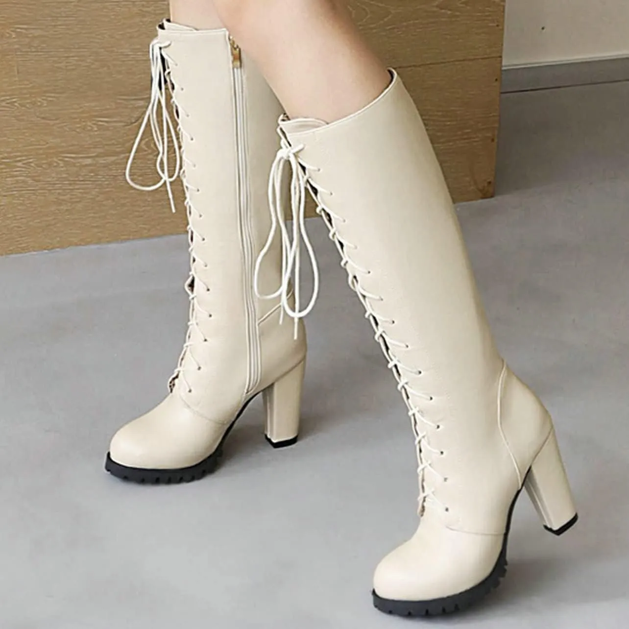 UniqueStride Womens Lace Up High Heel Knee High Boots Chunky Platform Heels Side Zipper Boot
