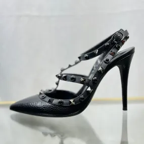 VALENTINO Rockstud Ankle Strap Black Grainy Leather Heels Sz 37