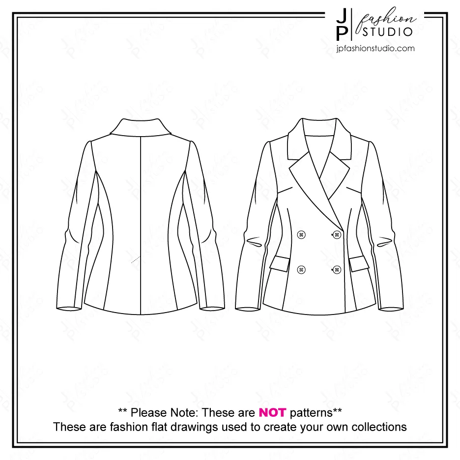 Women Blazer Jacket Fashion Flat Sketch / Business Casual Outfit Technical Drawings for Adobe Illustrator