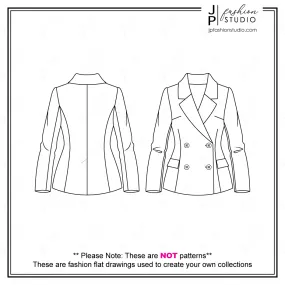 Women Blazer Jacket Fashion Flat Sketch / Business Casual Outfit Technical Drawings for Adobe Illustrator