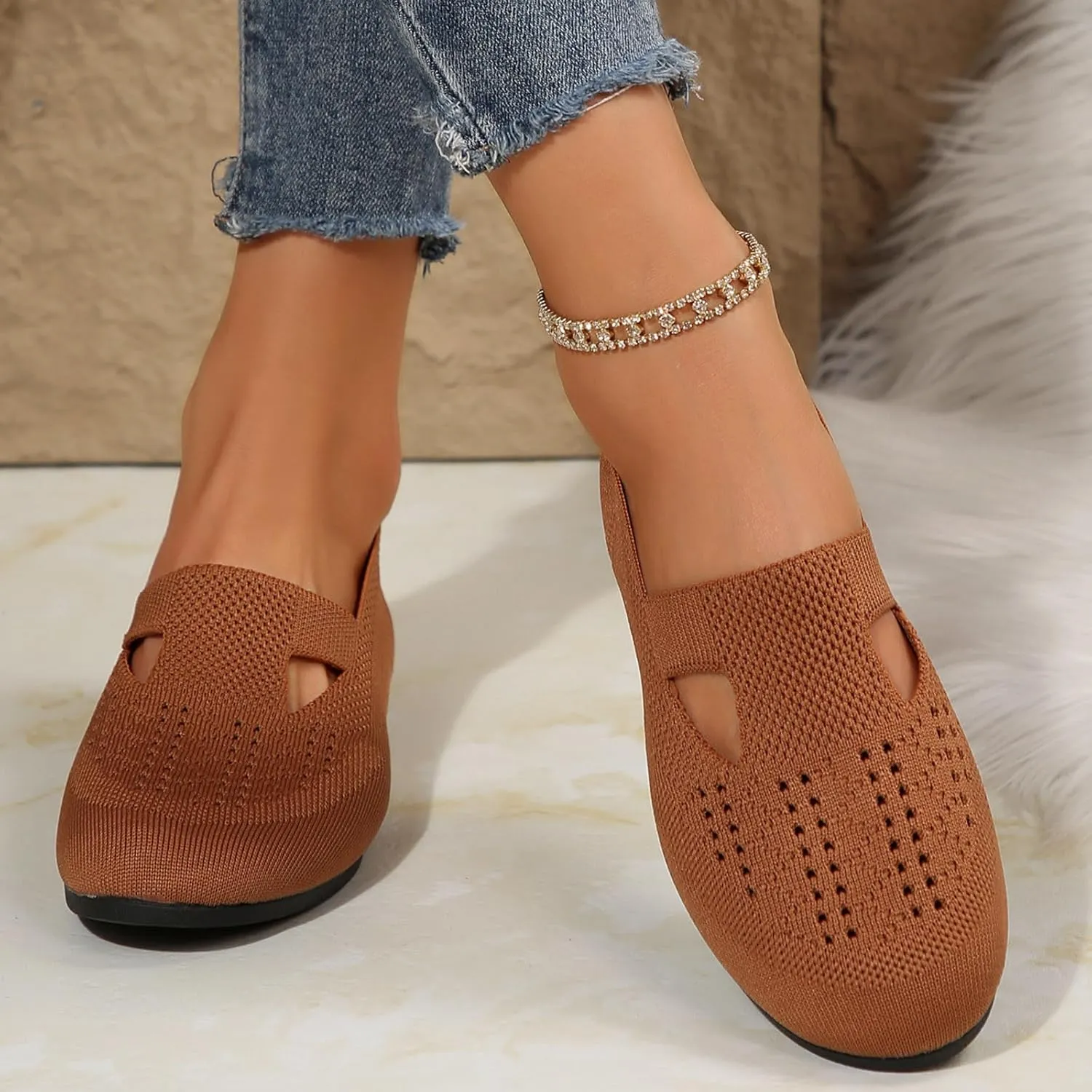 Women's Ballet Flats Soft Knitting Round Toe Slip On Flats Shoes Comfort Ballerina Flat Shoes for Walking Street