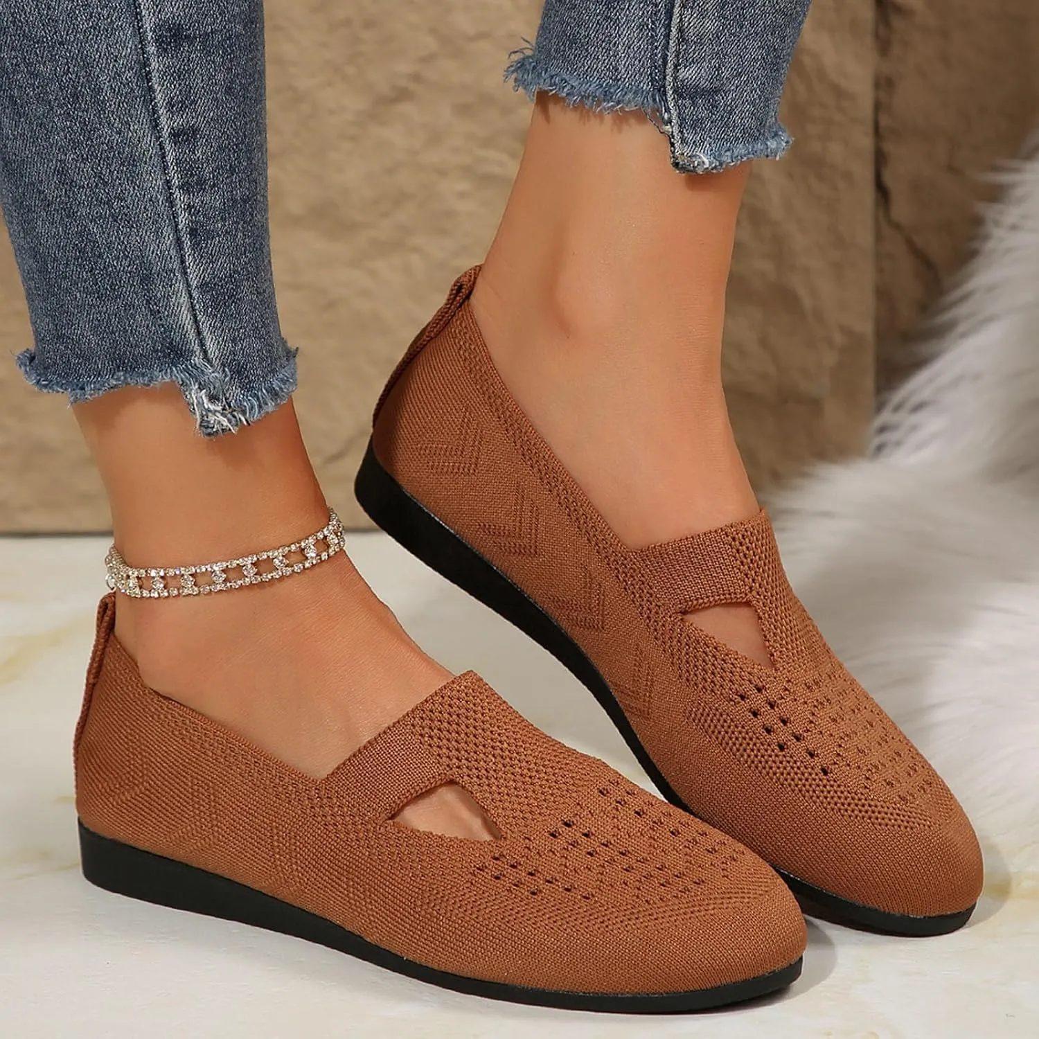 Women's Ballet Flats Soft Knitting Round Toe Slip On Flats Shoes Comfort Ballerina Flat Shoes for Walking Street