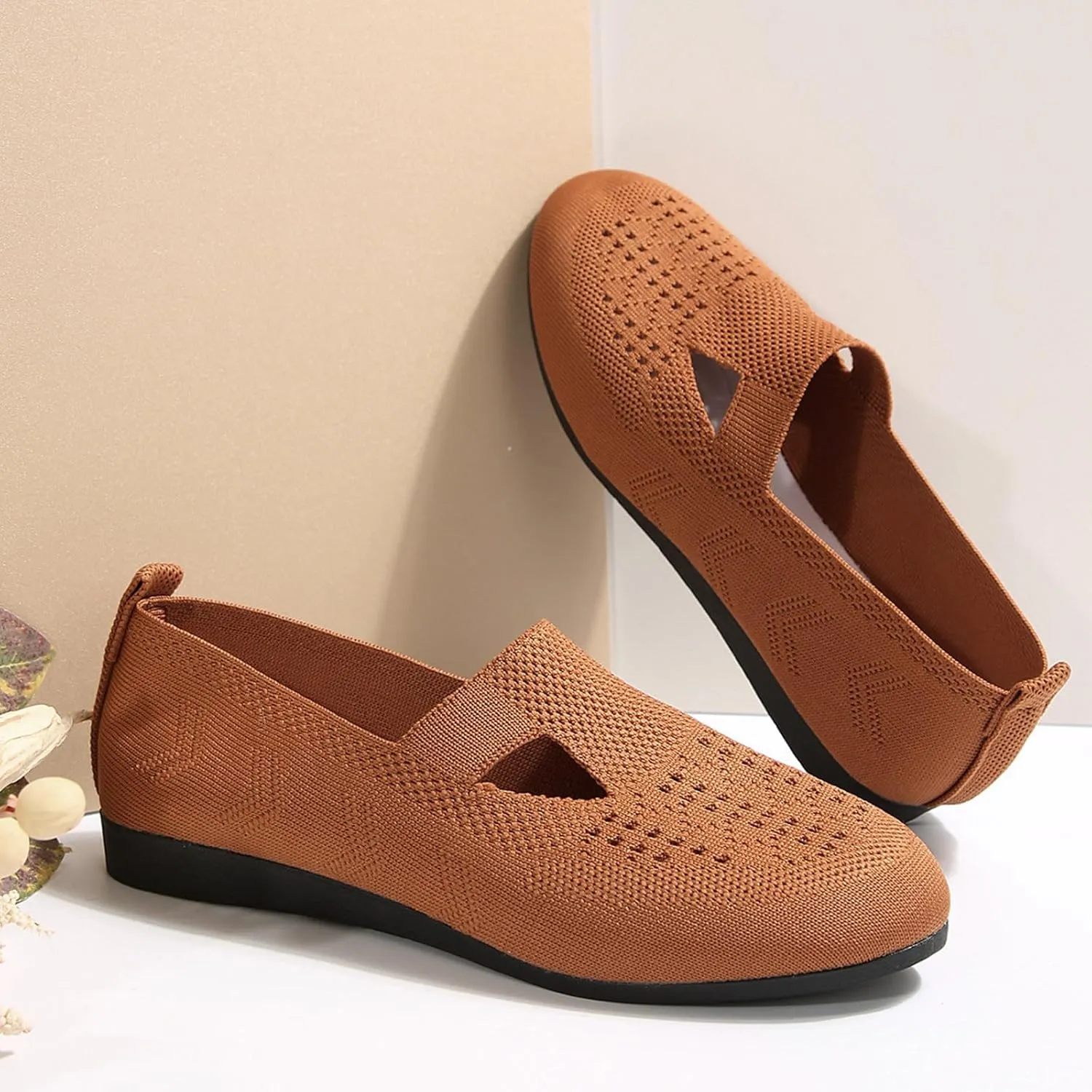 Women's Ballet Flats Soft Knitting Round Toe Slip On Flats Shoes Comfort Ballerina Flat Shoes for Walking Street