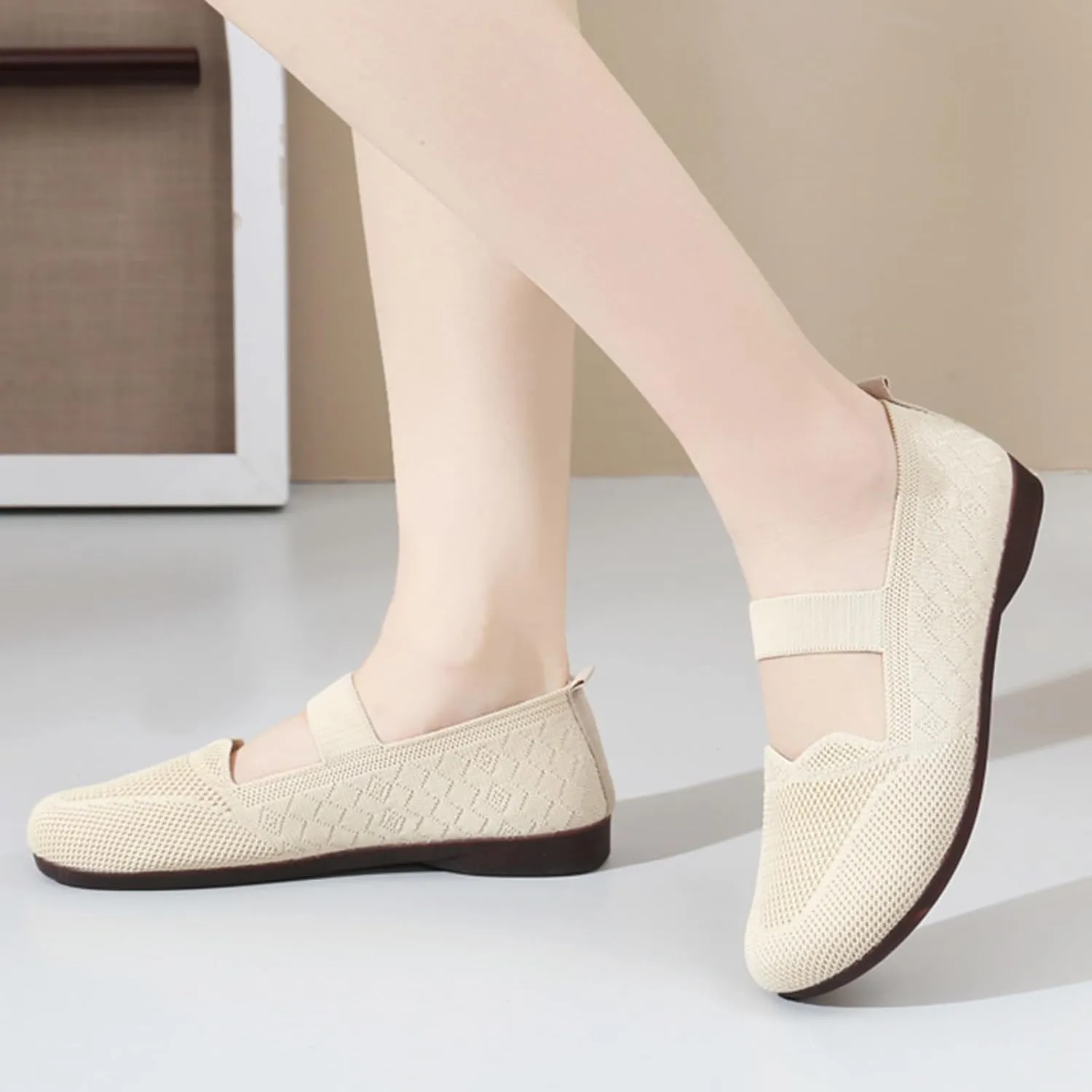 Womens Breathable Knitting Round Toe Flats Shoes Slip on Ballet Flats Comfy Casual Single Shoes Cute Walking Shoe