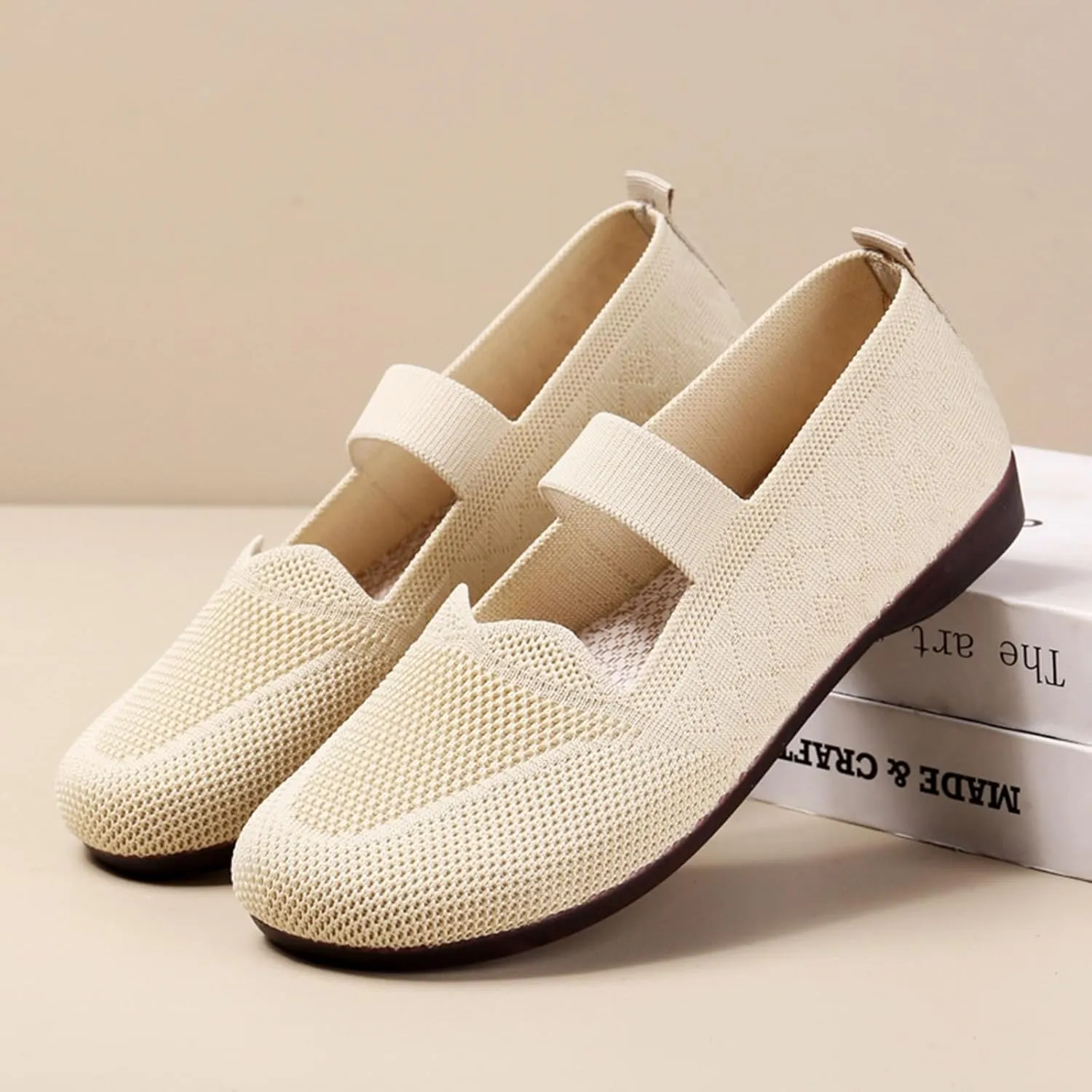 Womens Breathable Knitting Round Toe Flats Shoes Slip on Ballet Flats Comfy Casual Single Shoes Cute Walking Shoe