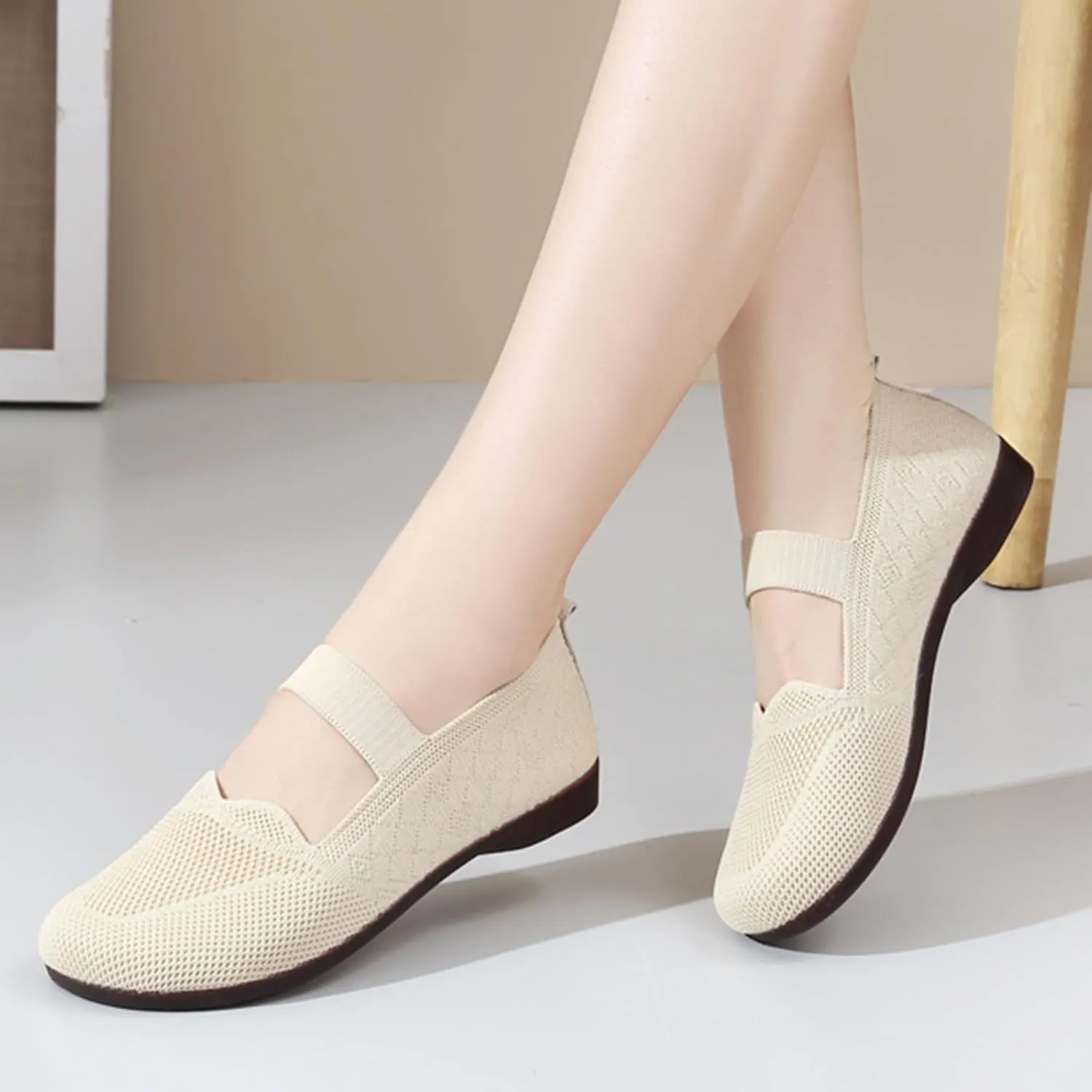 Womens Breathable Knitting Round Toe Flats Shoes Slip on Ballet Flats Comfy Casual Single Shoes Cute Walking Shoe