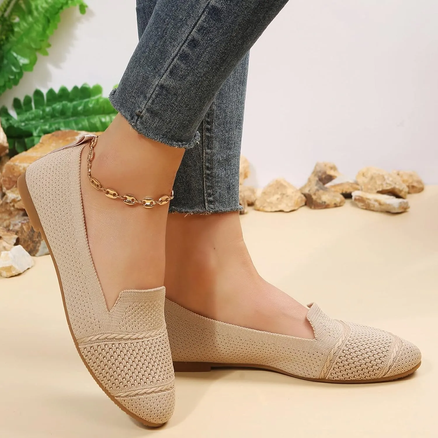 Women's Flats Walking Shoes Knitting Breathable Ballet Flat Shoes Non Slip Mesh Round Toe Classical Shoes for Work