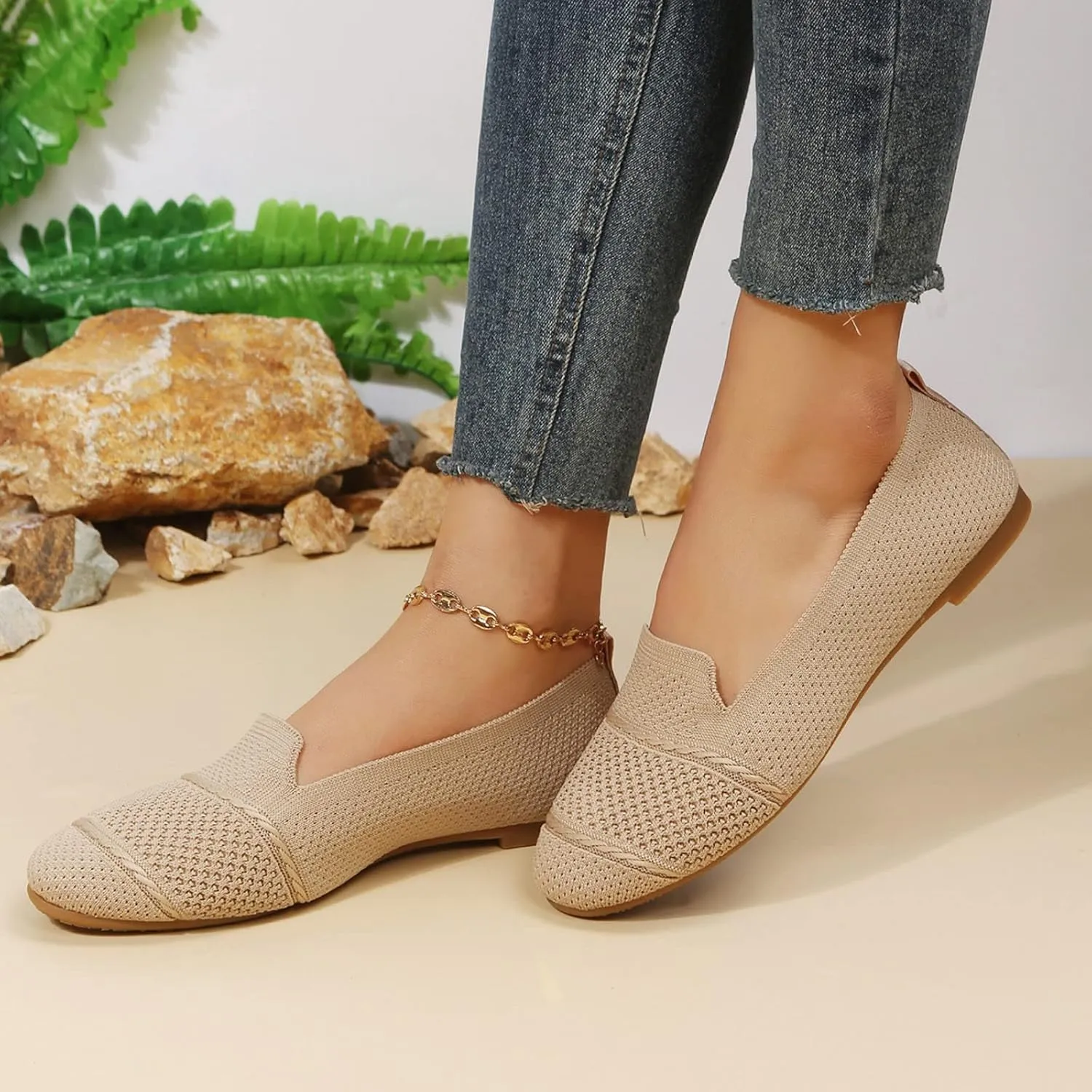 Women's Flats Walking Shoes Knitting Breathable Ballet Flat Shoes Non Slip Mesh Round Toe Classical Shoes for Work