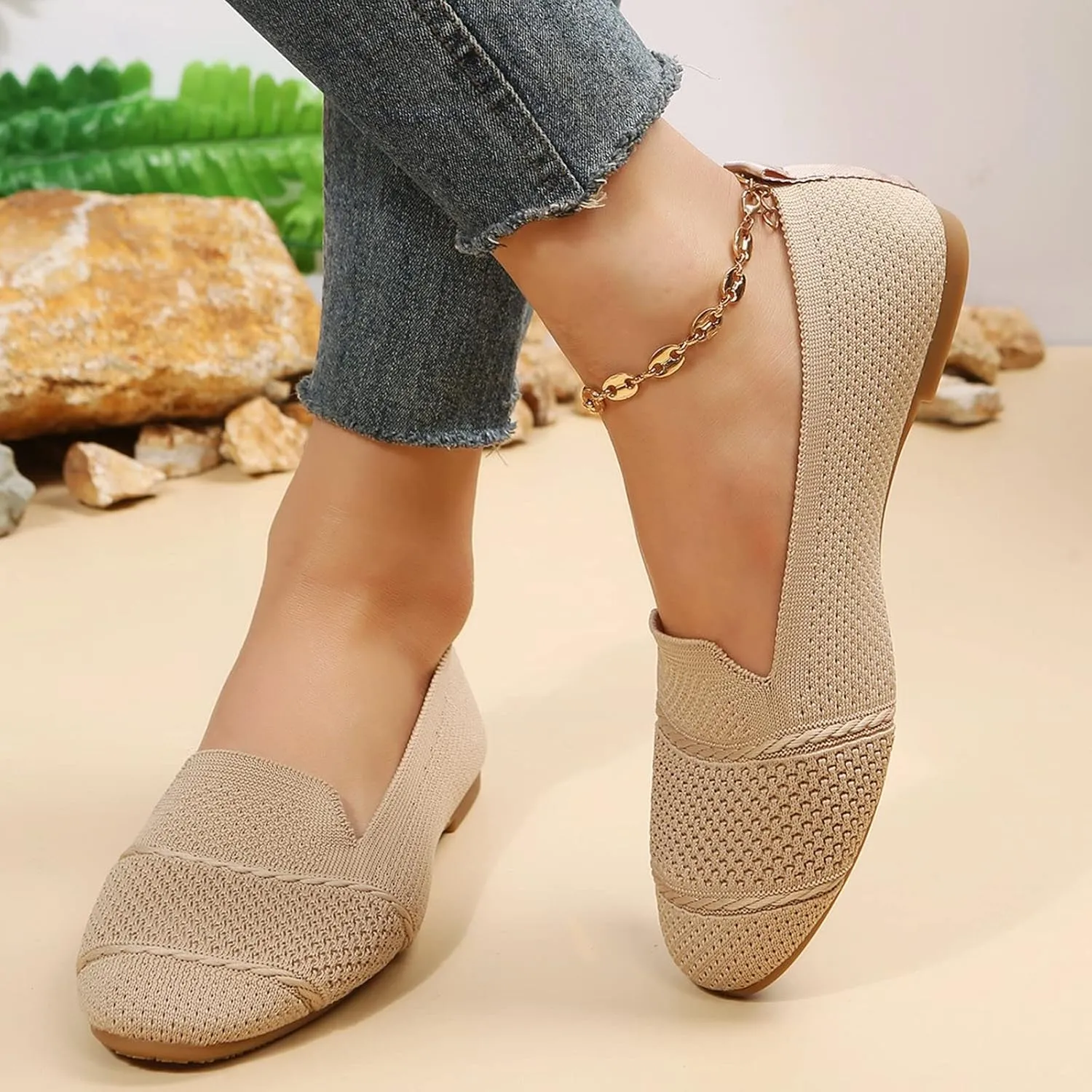 Women's Flats Walking Shoes Knitting Breathable Ballet Flat Shoes Non Slip Mesh Round Toe Classical Shoes for Work