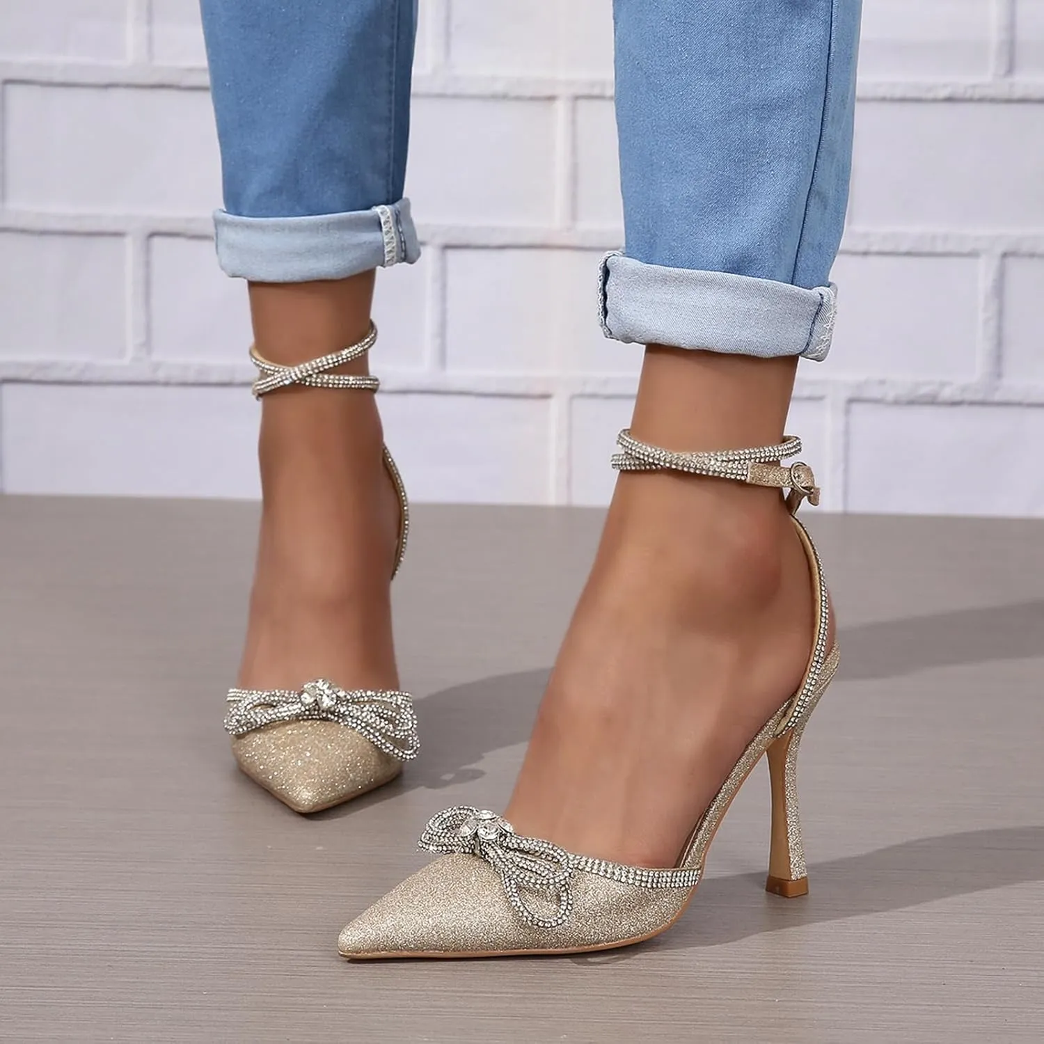 Women's High Heels Destiny Closed Toe Strappy Heels Sexy Rhinestone Ankle Strap Pumps Wedding Bridal Party Dress Shoes