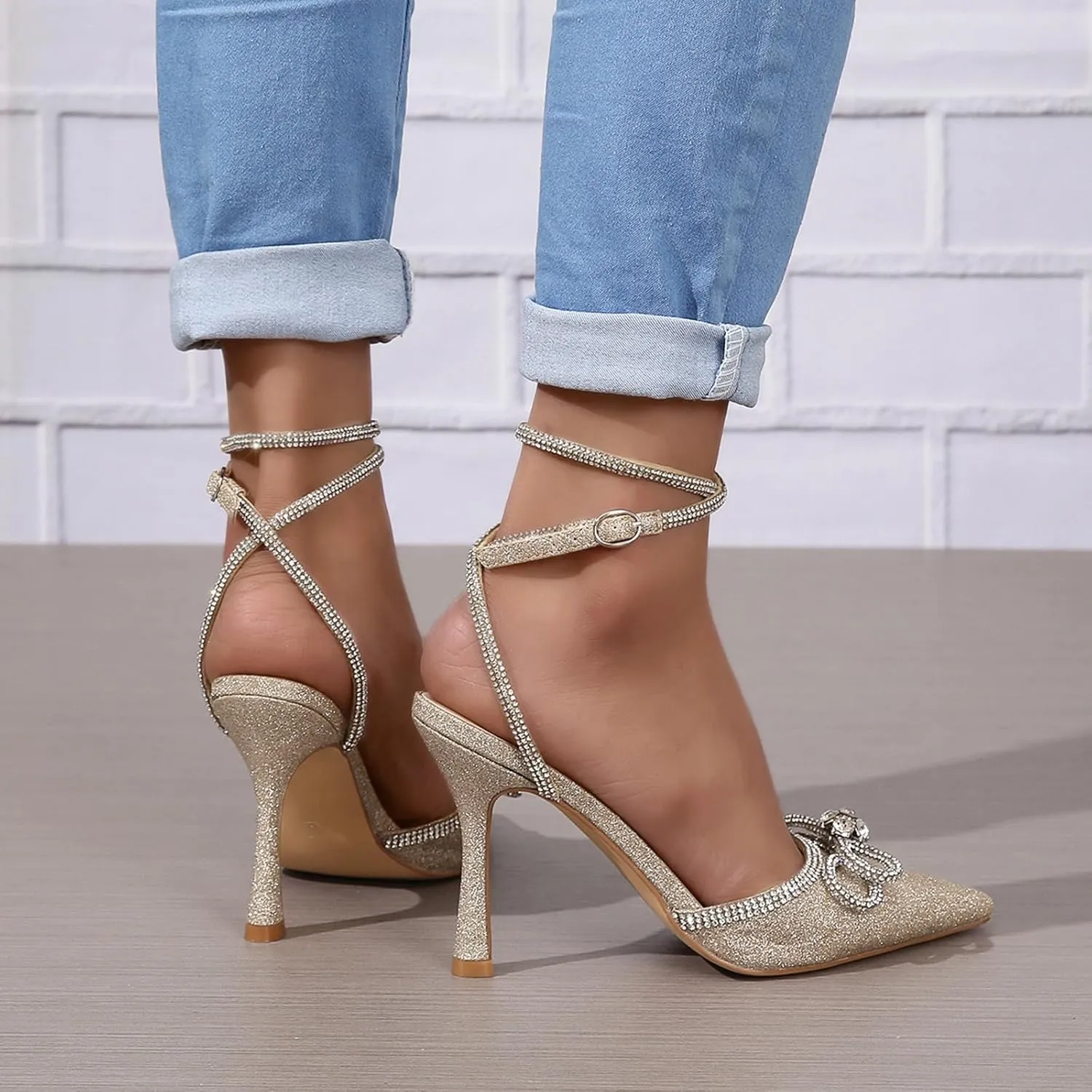 Women's High Heels Destiny Closed Toe Strappy Heels Sexy Rhinestone Ankle Strap Pumps Wedding Bridal Party Dress Shoes