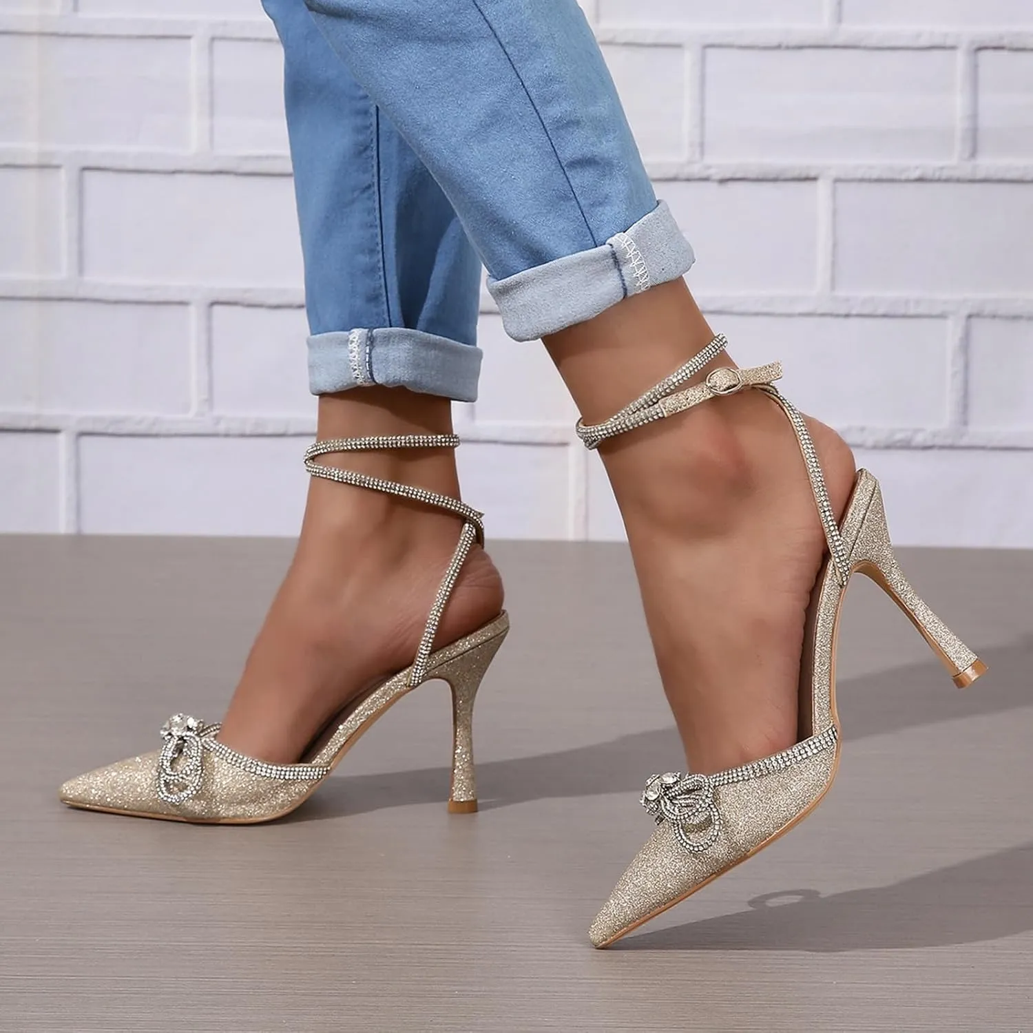 Women's High Heels Destiny Closed Toe Strappy Heels Sexy Rhinestone Ankle Strap Pumps Wedding Bridal Party Dress Shoes