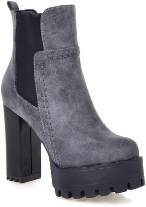 Women's Platform High Heeled Ankle Booties Round Toe Chelsea Waterproof Slip On Elastic Dressy Short Boots