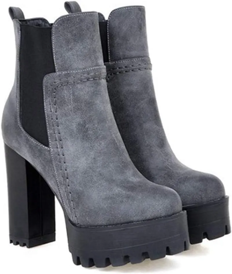 Women's Platform High Heeled Ankle Booties Round Toe Chelsea Waterproof Slip On Elastic Dressy Short Boots