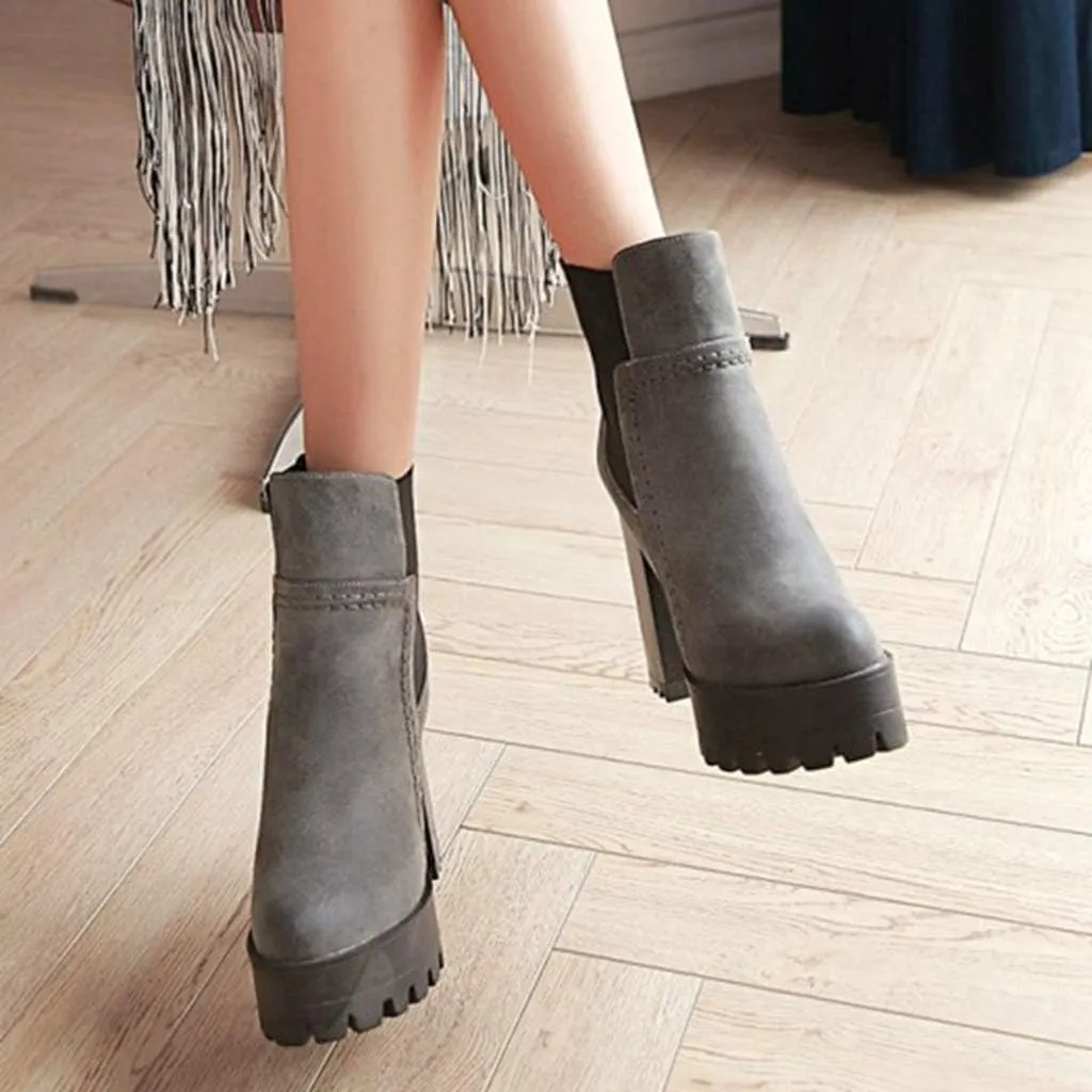 Women's Platform High Heeled Ankle Booties Round Toe Chelsea Waterproof Slip On Elastic Dressy Short Boots