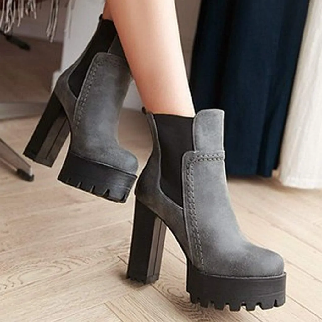 Women's Platform High Heeled Ankle Booties Round Toe Chelsea Waterproof Slip On Elastic Dressy Short Boots