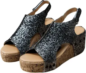 Women's Sandals Comfortable Walking Open Toe Platform Wedges Sandals Slip on Ankle Strap Rhinestone Glitter Summer Dress Shoe