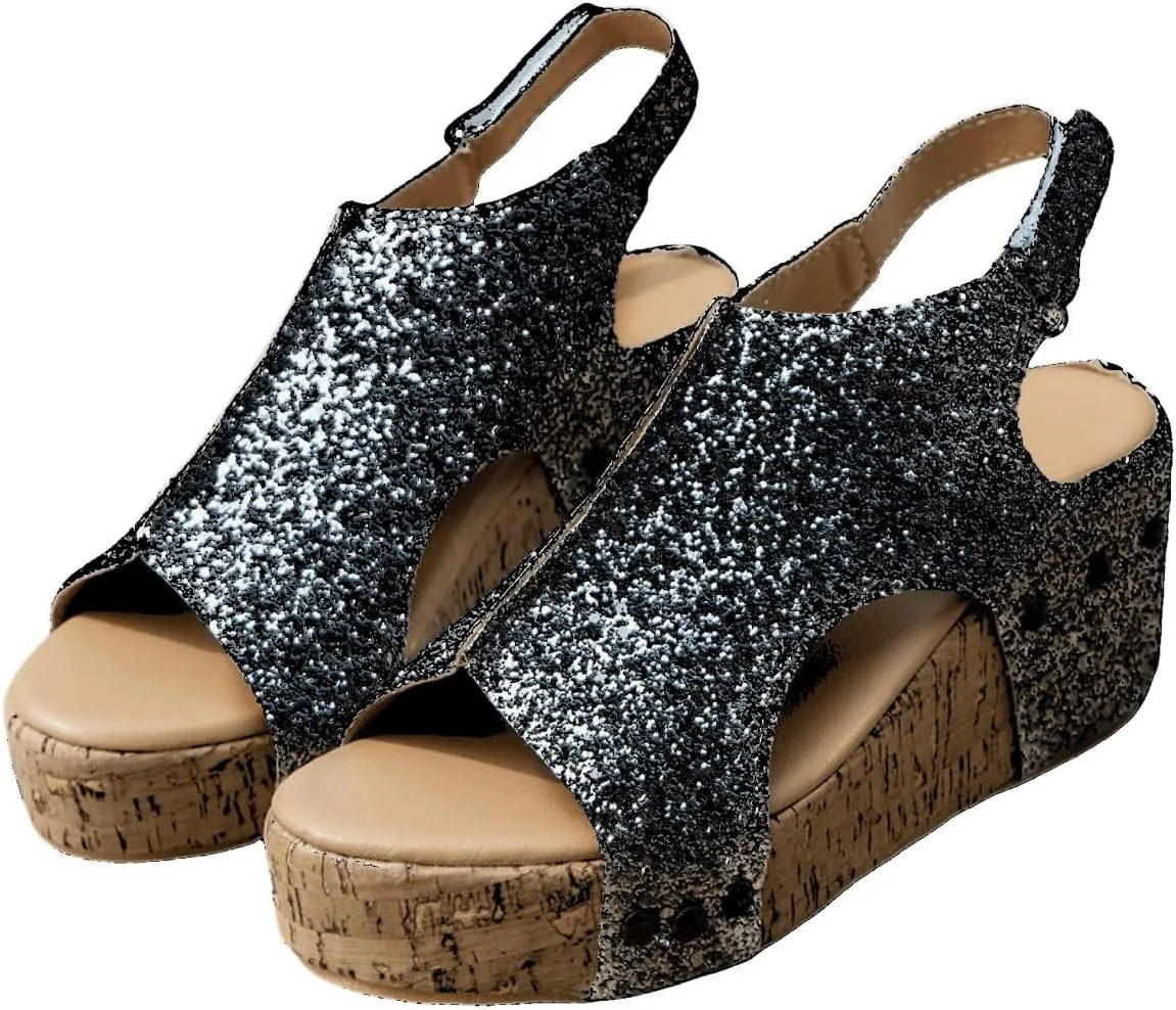 Women's Sandals Comfortable Walking Open Toe Platform Wedges Sandals Slip on Ankle Strap Rhinestone Glitter Summer Dress Shoe